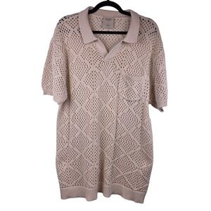 NWT Massive Luxury Edition Men's M Crochet Knit Polo Shirt Open Weave Neutral